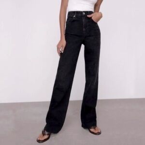 Zara High Rise Black Jeans 2 Wide Straight Leg Raw Hem Y2K Goth Grunge Retro